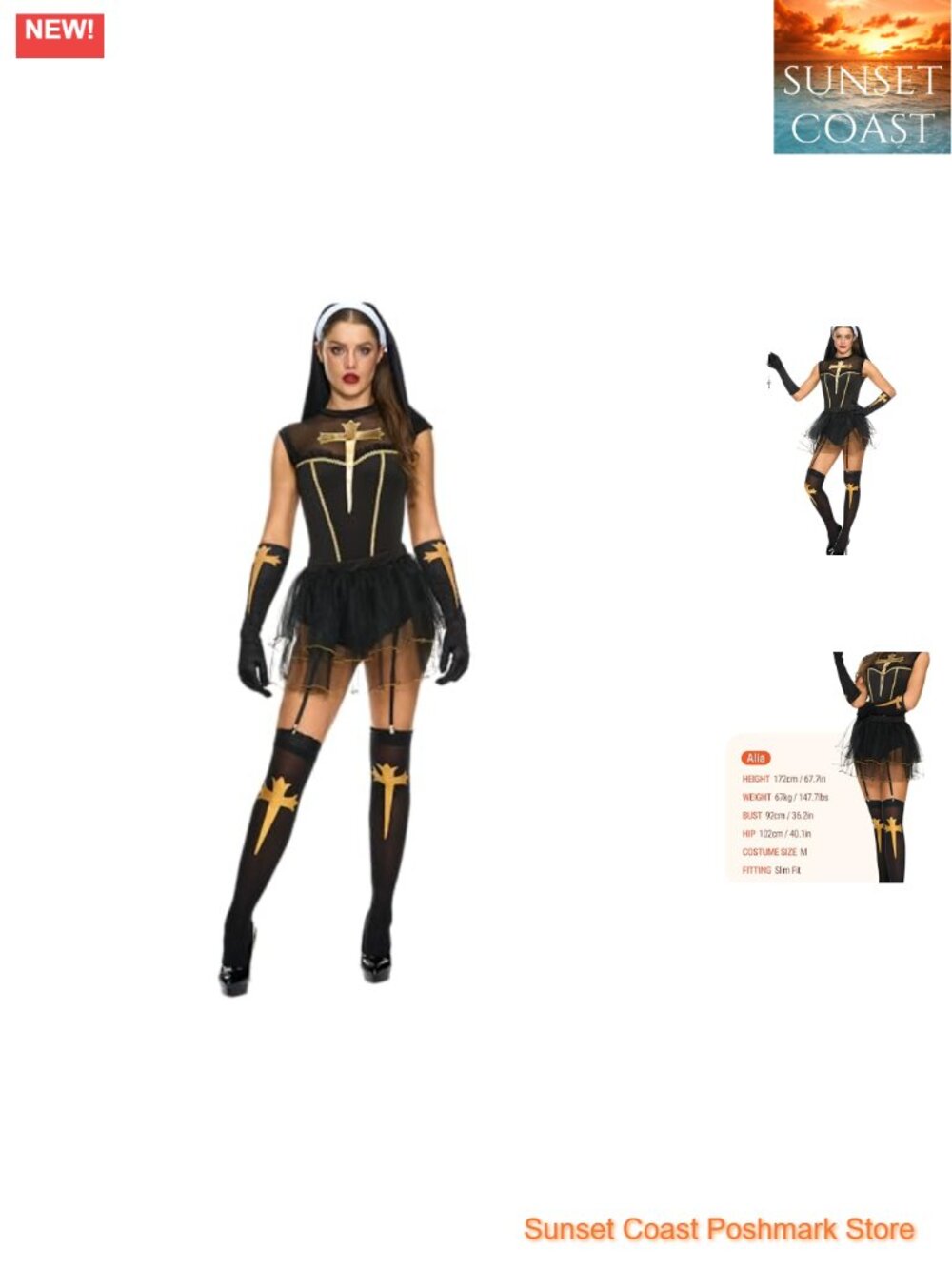 Women's Nun Costume 5 Piece Set Halloween Cosplay Outfit Slim Fit